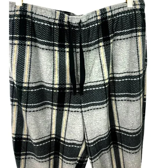 Perry Ellis Portfolio Mens Size Large Black & Gray Plaid Fleece Drawstring Pants - Picture 2 of 9